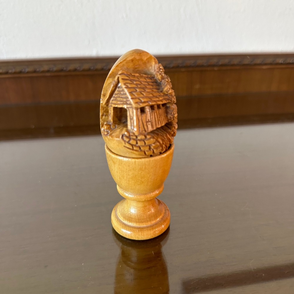 Vintage Hand Carved Wood Egg with Cabin Scene and Pedestal Stand 4 Inch